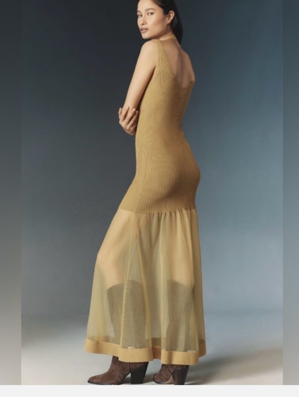 Anthropologie Sheer Panel Gold Sweater Dress Sz M NWT - Picture 2 of 6